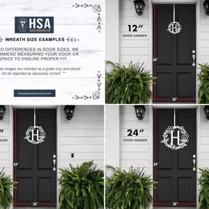Door wreath size comparison guide showing 12-inch, 18-inch, and 24-inch personalized monogram door wreaths displayed on a standard 36-inch by 84-inch front door. Custom metal monogram letters shown as front door décor to help choose the best size for personalized door signs, metal wreaths, outdoor wall décor, entryway decorations, and custom home décor by HouseSensationsArt.