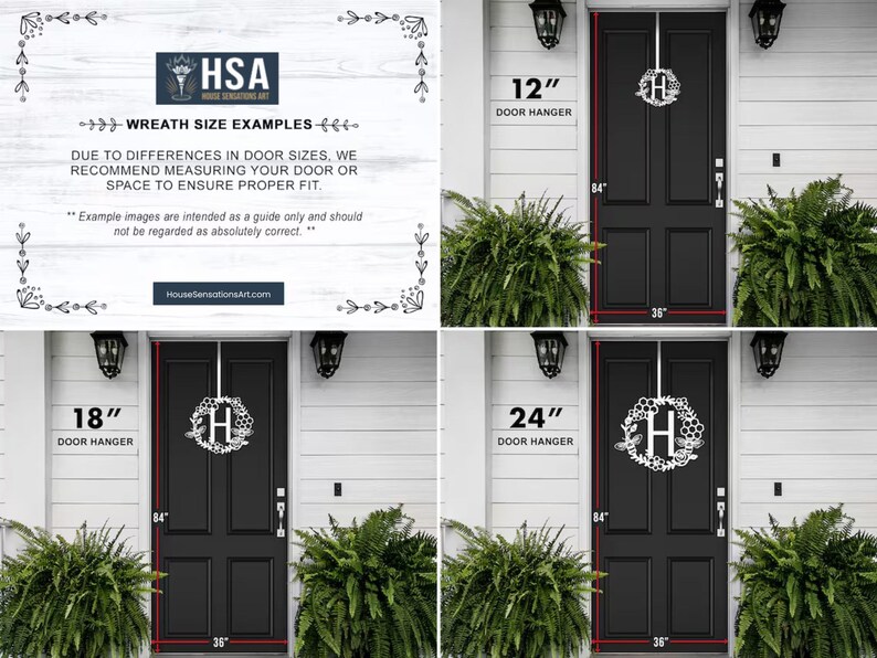 Door wreath size comparison guide showing 12-inch, 18-inch, and 24-inch personalized monogram door wreaths displayed on a standard 36-inch by 84-inch front door. Custom metal monogram letters shown as front door décor to help choose the best size for personalized door signs, metal wreaths, outdoor wall décor, entryway decorations, and custom home décor by HouseSensationsArt.