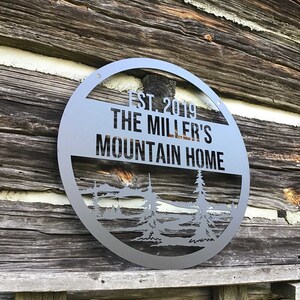 Lower Left Side View Angle - Mountain Homestead Personalized Last Name Sign shown on dark wood background