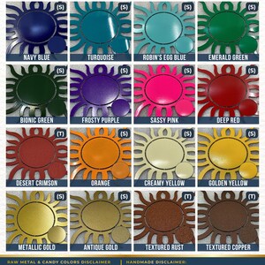 The image is a color chart that displays various metal colors available from the House of Security Art, including Navy Blue, Turquoise, Robin's Egg Blue, Emerald Green, Bionic Green, Frosty Purple, Sassy Pink, Deep Red, Desert Crimson, Orange, Creamy Yellow, Golden Yellow, and Raw Metal Gold. The chart provides a visual representation of the available colors and their corresponding names.