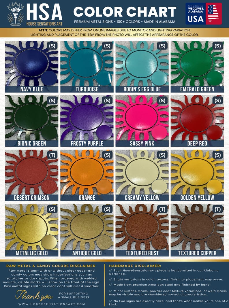 The image is a color chart that displays various metal colors available from the House of Security Art, including Navy Blue, Turquoise, Robin's Egg Blue, Emerald Green, Bionic Green, Frosty Purple, Sassy Pink, Deep Red, Desert Crimson, Orange, Creamy Yellow, Golden Yellow, and Raw Metal Gold. The chart provides a visual representation of the available colors and their corresponding names.