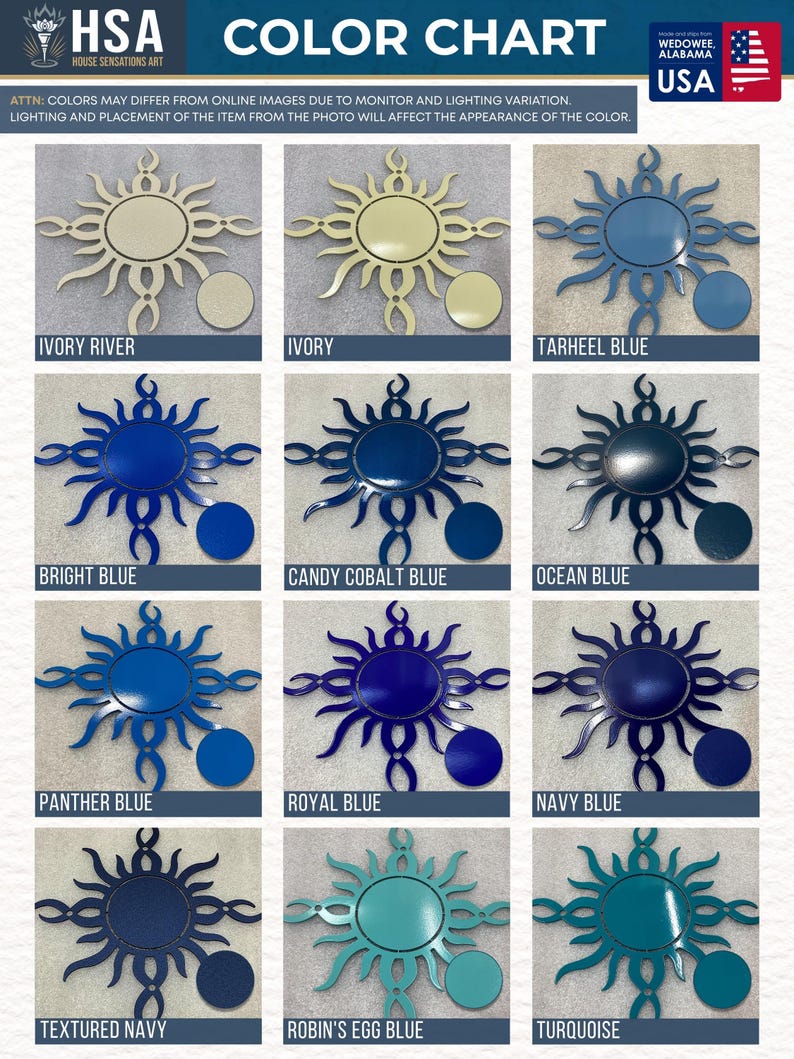 Metal sign powder coat color chart featuring Ivory River, Bright Blue, Ocean Blue, Panther Blue, Royal Blue, Navy Blue, Textured Navy, Turquoise, and more. Custom color options for personalized metal signs, laser-cut steel wall art, outdoor metal decor, and business signs.