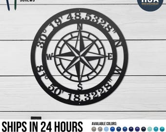 Custom GPS Coordinates Metal Sign: Nautical Compass Rose Wall Art