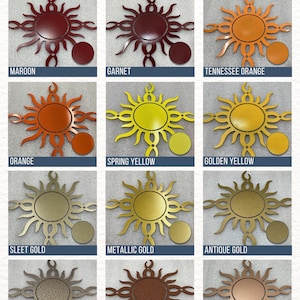 Metal sign powder coat color chart featuring Maroon, Garnet, Tennessee Orange, Orange, Spring Yellow, Golden Yellow, Sleet, Metallic, Antique Gold, Rose Gold Texture, Grecian Gold Texture and Textured Rust. Custom color options for personalized metal signs, laser-cut steel wall art, outdoor metal decor, and business signs.