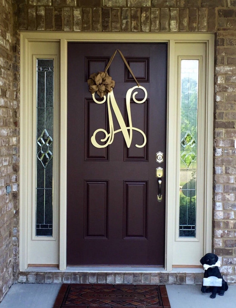 Metal Initial door wreath w/ ribbon, Front Door Wreaths, Monogram Door Hanger, Monogrammed Wreath, Front Door Letters, Outdoor Wreath, Decor image 3