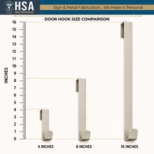 HouseSensationsArt door hook size comparison chart featuring 4-inch, 8-inch, and 16-inch over-the-door metal hooks for hanging wreaths, monogram door signs, metal wall décor, seasonal wreaths, floral arrangements, and personalized front door decorations. White steel over-the-door hooks shown for easy no-drill installation and custom home décor display.