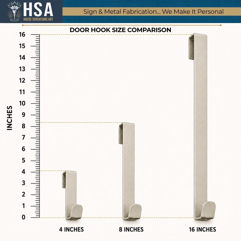 HouseSensationsArt door hook size comparison chart featuring 4-inch, 8-inch, and 16-inch over-the-door metal hooks for hanging wreaths, monogram door signs, metal wall décor, seasonal wreaths, floral arrangements, and personalized front door decorations. White steel over-the-door hooks shown for easy no-drill installation and custom home décor display.