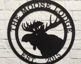 Moose Cabin Metal Outdoor Sign | Moose and Big Game Deer Hunter Gift | Personalized Weatherproof Lodge Sign  |