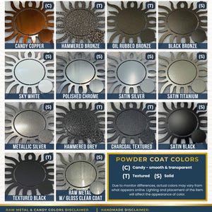 The image is a color chart that displays various powder coat colors available from the House of Steel, including metallic silver, powdered grey, and powdered black. The chart provides a visual representation of the different color options and their corresponding descriptions.