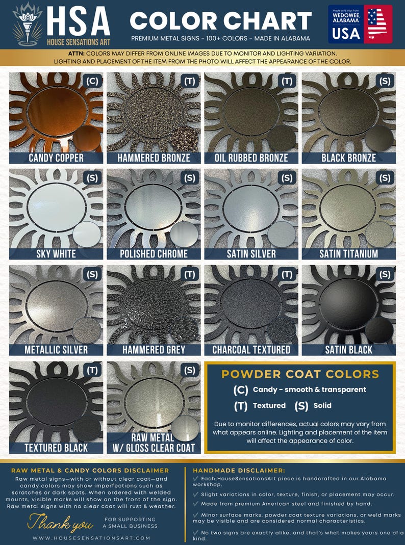 The image is a color chart that displays various powder coat colors available from the House of Steel, including metallic silver, powdered grey, and powdered black. The chart provides a visual representation of the different color options and their corresponding descriptions.