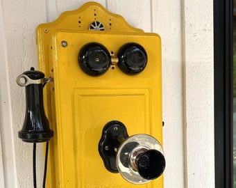 Yellow Wood Wall Telephone - Vintage Farmhouse Decor