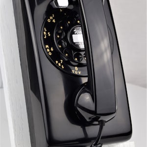 Meticulously Restored & Working - Vintage Antique Rotary 554 Wall Telephone - Black - Metal Fingerwheel