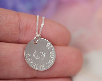 Sterling Silver footprint Personalised disc necklace Mothers Day children mum gift jewellery pendant name circle birthday christmas new baby