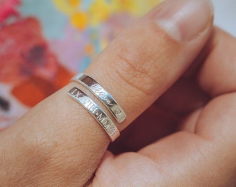 Name and Roman Numerals .925 Sterling Silver adjustable wrap ring personalised mum womens gift present birthday mother's day jewellery mummy