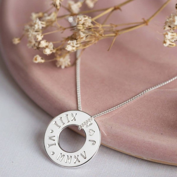 Sterling Silver Personalised washer necklace roman numerals for her wife anniversary wedding mum gift jewellery circle birthday christmas