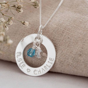 Sterling Silver Personalised washer necklace Swarovski birthstones Mothers Day children mum gift jewellery name birthday christmas nanny