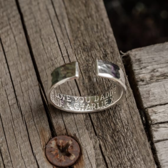 Mens secret message .925 Sterling Silver adjustable open ring personalised dad for him christmas gift birthday jewellery hammered band Etsy