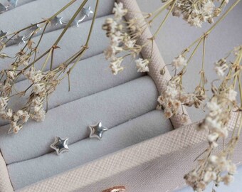 May include: Two silver star-shaped earrings in a light pink velvet jewelry box with dried white flowers.
