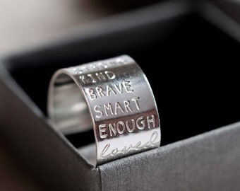 I am brave kind strong enough Sterling Silver adjustable open ring hand stamped womens gift selfcare positive affirmation sister friend