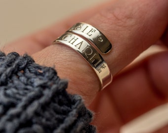 Personalised Sterling Silver adjustable wrap ring band hand stamped mummy ladies womens gift present birthday kids names Mother’s Day nanny