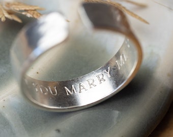 Will you marry me? Mens secret message .925 Sterling Silver adjustable open ring personalised for him gift jewellery hammered band boyfriend