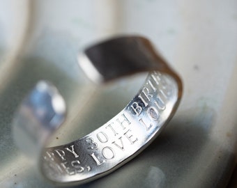 Men’s Happy birthday secret message .925 Sterling Silver adjustable open ring personalised dad for him gift  jewellery hammered band 30th