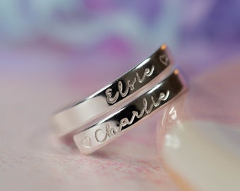 Custom Name Sterling Silver dainty adjustable wrap ring personalised band  mum womens present birthday Christmas gift jewellery nanny