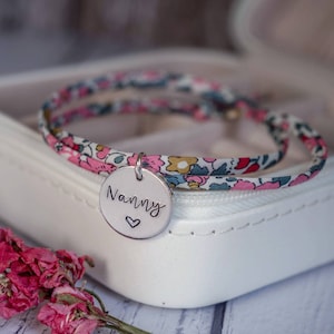 Liberty Of London Bracelet Nanny Nana Grandma Mummy personalised name customised stamped name floral fabric mothers day birthday gift wrap