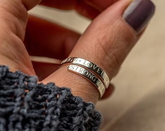 I am strong worthy capable enough loved .925 Sterling Silver adjustable ring hand stamped womens gift selfcare positive affirmation thumb