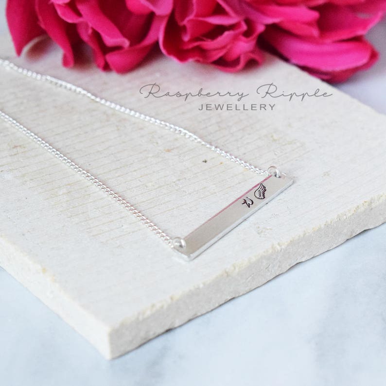 Remembrance angel wing bar necklace silver plated personalised keepsake in memory of name initial remember mum nan dad grandad