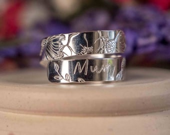 Mum floral design Sterling Silver adjustable wrap around ring hand stamped mummy womens gift present birthday mothers day nanny grandma nana