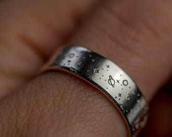 Men’s space themed personalised sterling silver adjustable ring Valentine’s Day birthday gift anniversary for him partner solar system stars