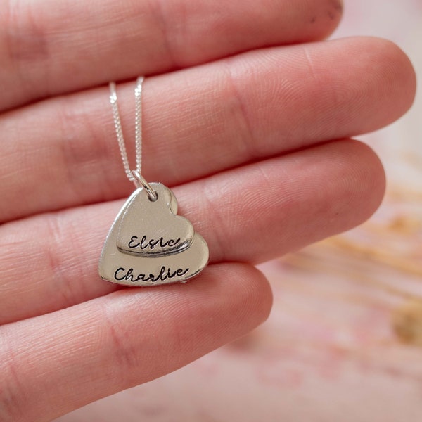 Stacked hearts necklace personalised childrens names date of births babies family silver keepsake mummy mothers day mum birthday layered