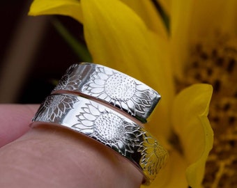 Sterling Silver Sunflower design adjustable wrap ring hand stamped mummy womens gift present birthday Auntie Nanny Grandma 50th 60th 40th