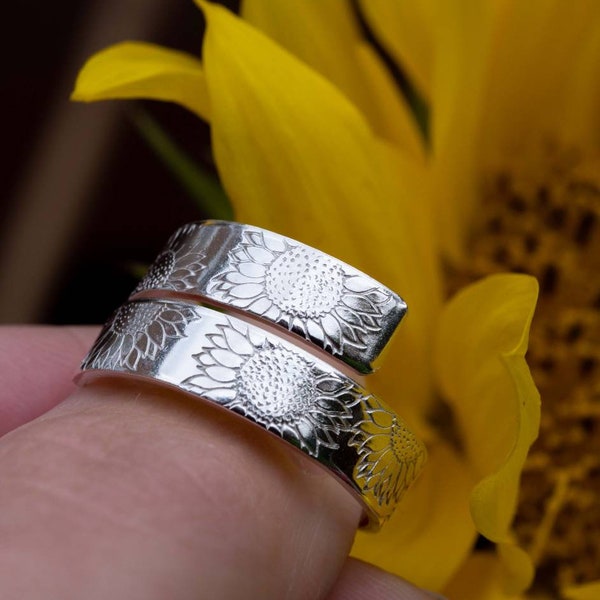 Sterling Silver Sunflower design adjustable wrap ring hand stamped mummy womens gift present birthday Auntie Nanny Grandma 50th 60th 40th
