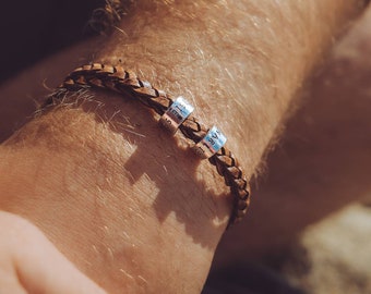 Personalised beads Mens Real Brown Leather Bracelet boyfriend husband daddy father’s day birthday anniversary for him jewellery gift names