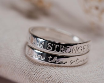 I am stronger than the storm Sterling Silver adjustable wrap around ring hand stamped women's gift selfcare positive affirmation for her