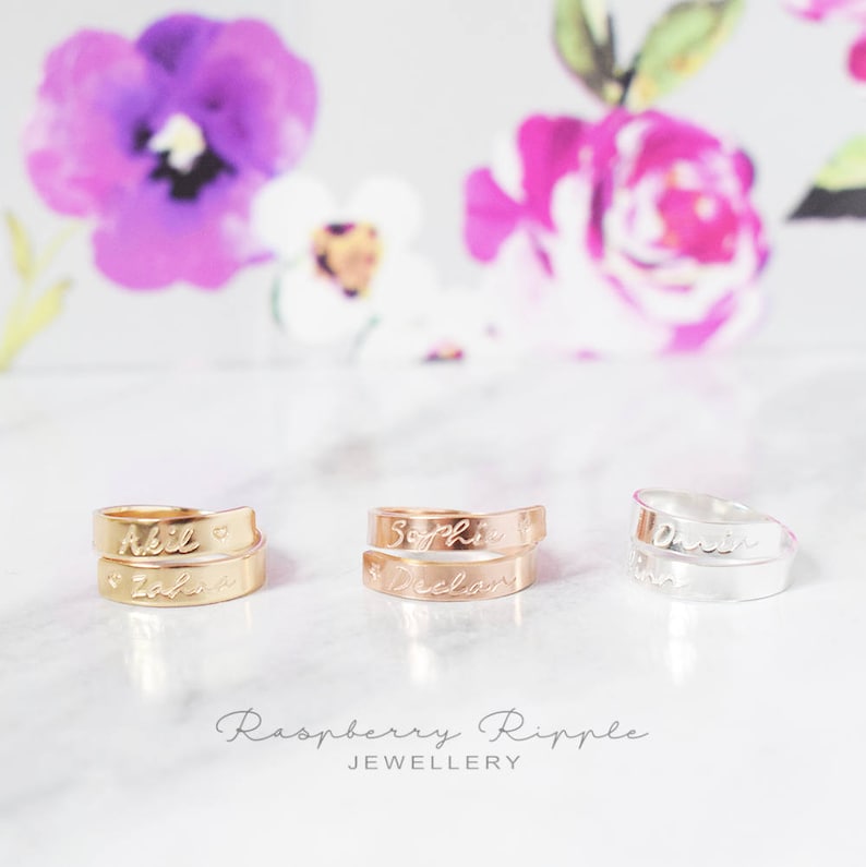 Yellow Gold Filled adjustable wrap around ring personalised twisted band hand stamped mum ladies womens gift present birthday kids names