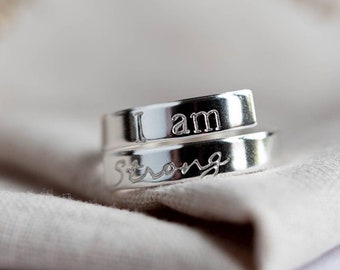 I am Strong Sterling Silver adjustable wrap around ring  you are hand stamped ladies womens gift selfcare positive affirmation encouragement