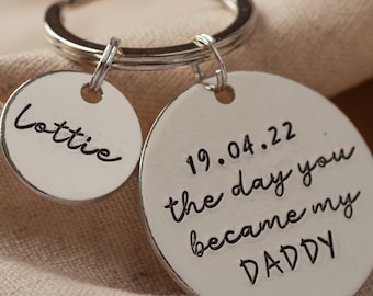 The day you became my Daddy personalised keyring hand stamped names date of birth Christmas dad birthday gift present Fathers Day new baby