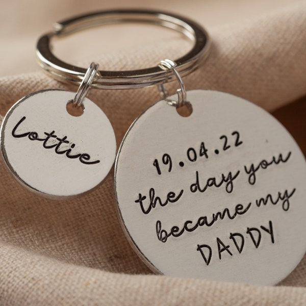 The day you became my Daddy personalised keyring hand stamped names date of birth Christmas dad birthday gift present Fathers Day new baby