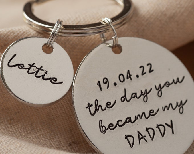 The Day You Became My Daddy Personalised Keyring Hand Stamped Names Date of Birth Christmas Dad
