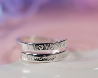 I love you Mummy Sterling Silver dainty name adjustable wrap ring personalised band womens gift present birthday mothers day jewellery