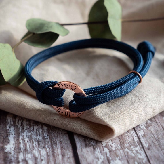 Copper washer Navy Paracord Bracelet initials date couples husband boyfriend Birthday for him jewellery gift present mens personalised male