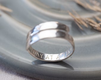 One day at a time Sterling Silver adjustable wrap around ring hand stamped women's gift selfcare positive for her break up alcoholic sober