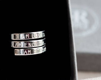 I am loved I am Enough I am strong Sterling Silver triple adjustable wrap ring ladies womens gift selfcare positive affirmation uplifting