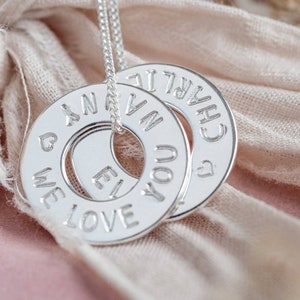 Sterling Silver Personalised washer necklace Nanny Mothers Day children mum gift jewellery name circle birthday christmas grandma nana gran
