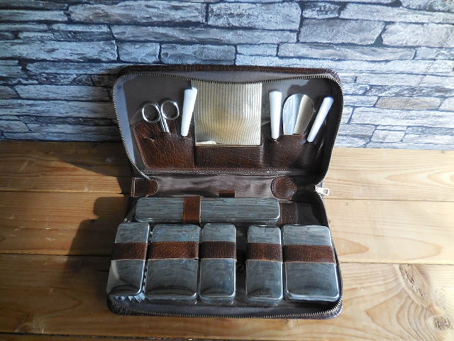 Vintage Mens Travel Case Brown Leather Etsy