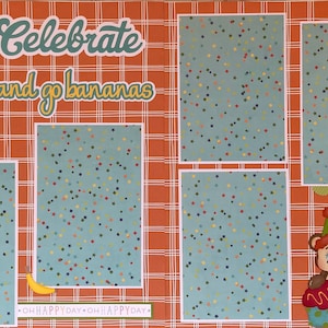 May include: A scrapbook page with a red and white checkered background. The page features a monkey wearing a party hat and holding a banana. The text "Celebrate and go bananas" is written in a whimsical font. There are also several other images of monkeys and bananas on the page.