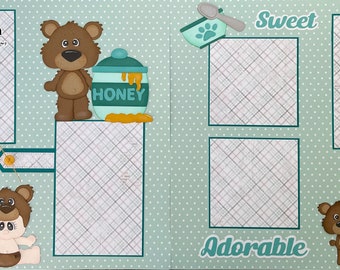 Baby Bear Double Page Scrapbooking Kit Layout with premade paper piecings. 482AP